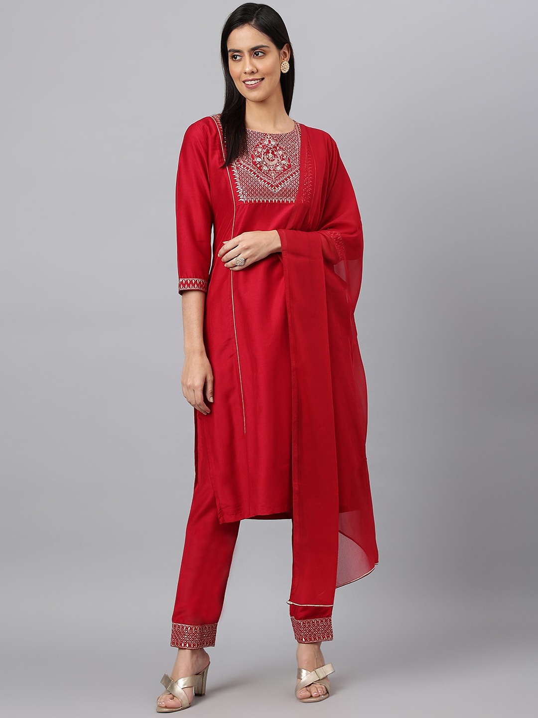 

MEESAN Women Red Embroidered Kurta with Trousers & With Dupatta