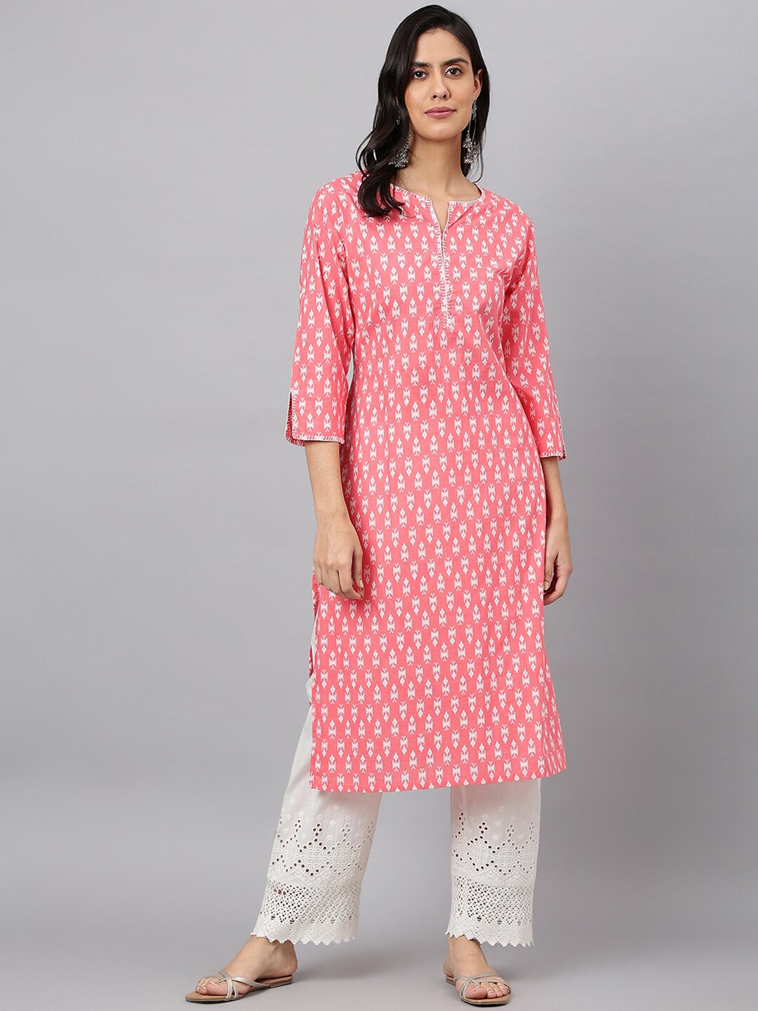MEESAN Women Coral Ethnic Motifs Printed Pure Cotton Kurta
