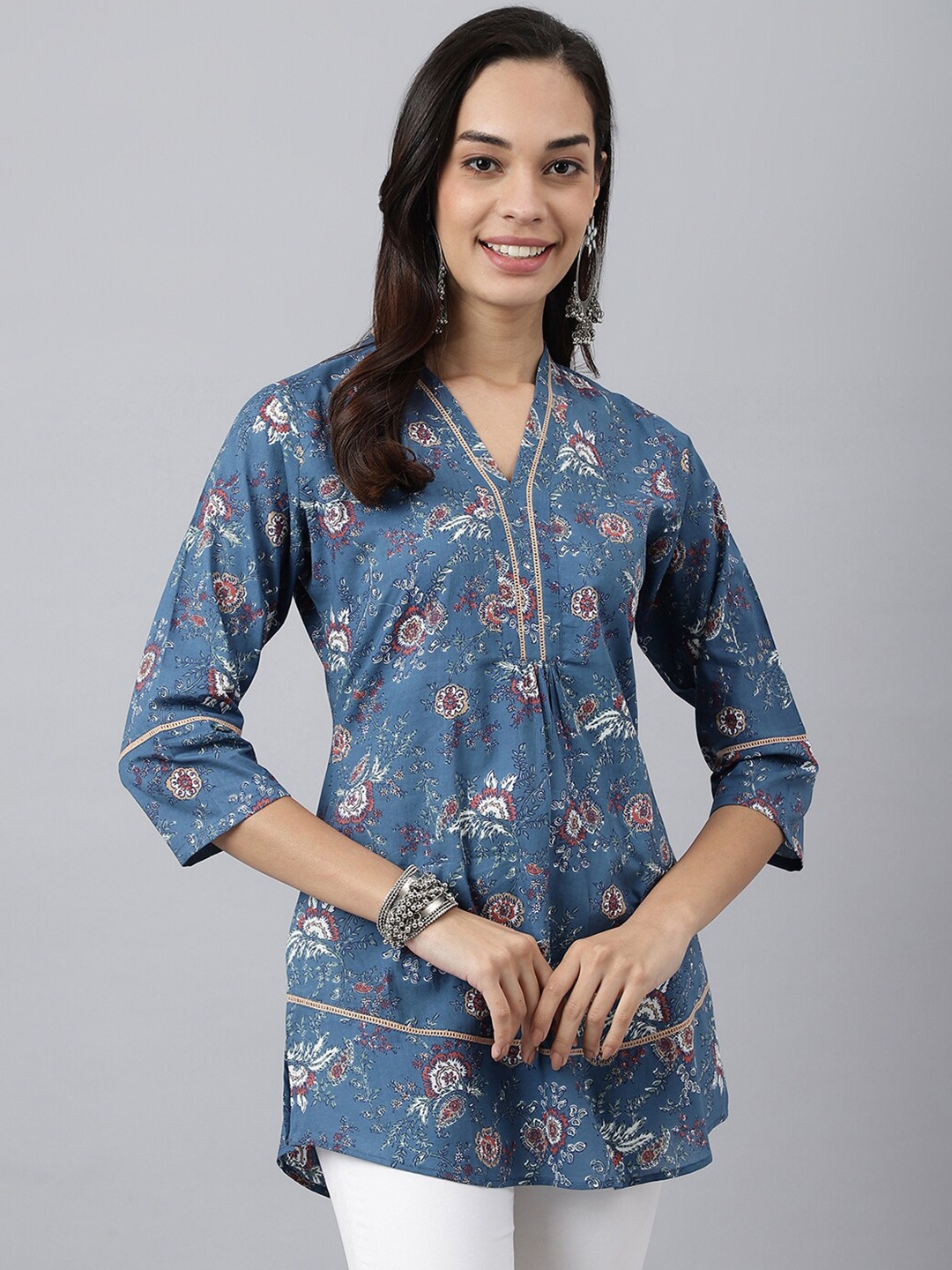 

MEESAN Blue & Red Printed Cotton Tunic