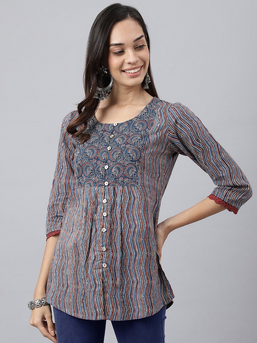 

MEESAN Blue & Maroon Printed Cotton Tunic