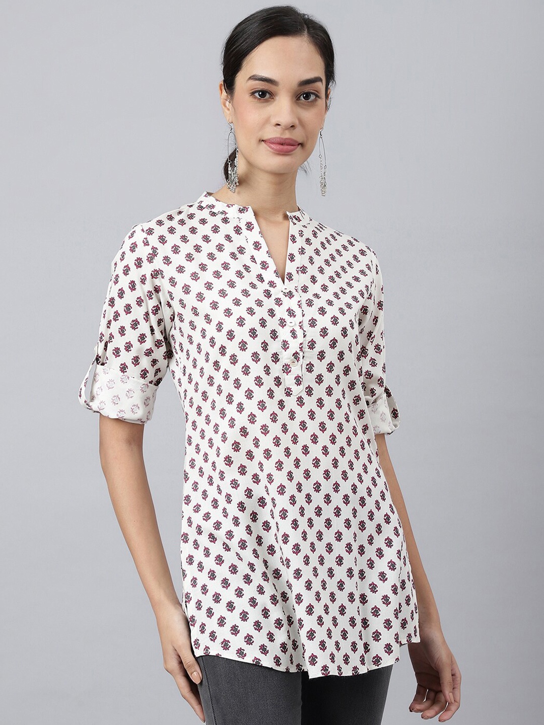 

MEESAN White & Red Mandarin Collar Printed Tunic