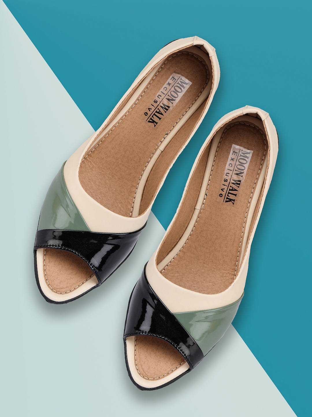 

Moonwalk Women Beige & Green Colourblocked Wedge Peep Toes