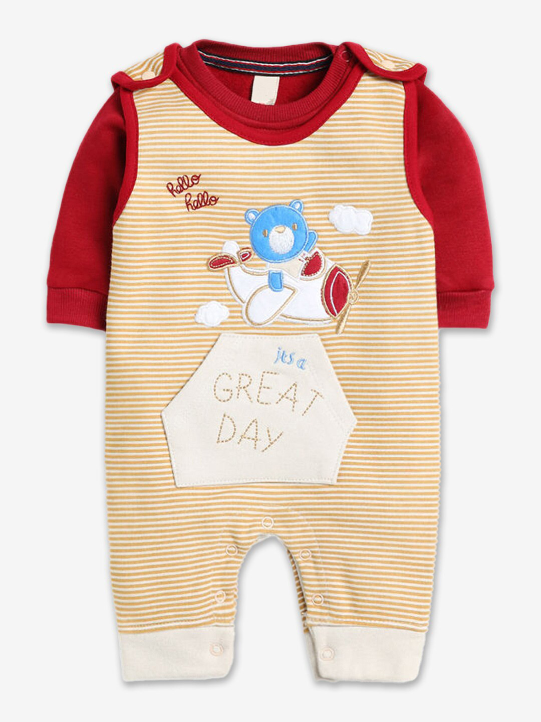 

Hopscotch Boys Beige & Red Applique Pure Cotton Top with Dungaree