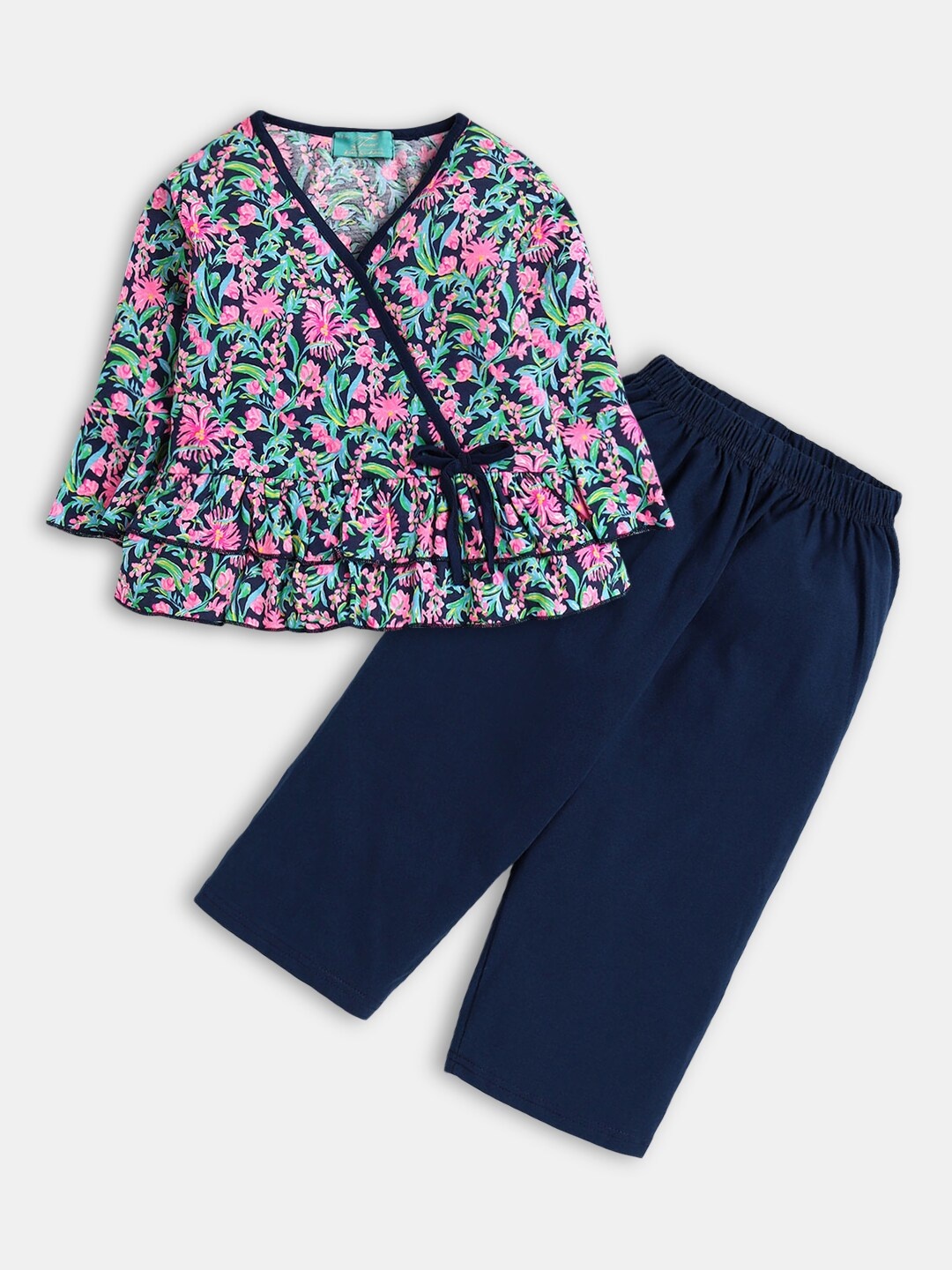 

Hopscotch Girls Navy Blue & Pink Floral Printed Pure Cotton Top with Trouser