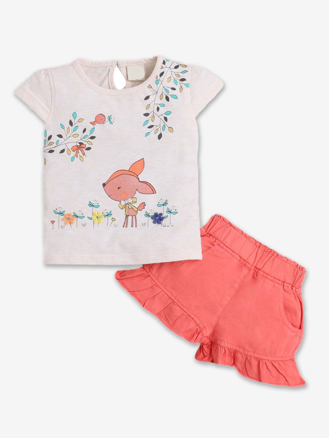 

Hopscotch Girls Peach-Coloured & Cream Printed Pure Cotton Top with Shorts