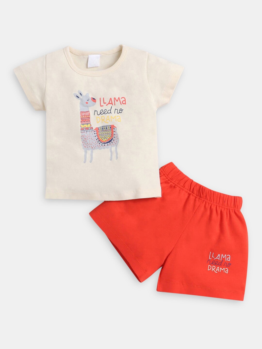 

Hopscotch Girls Cream-Coloured & Red Printed Pure Cotton T-shirt with Shorts