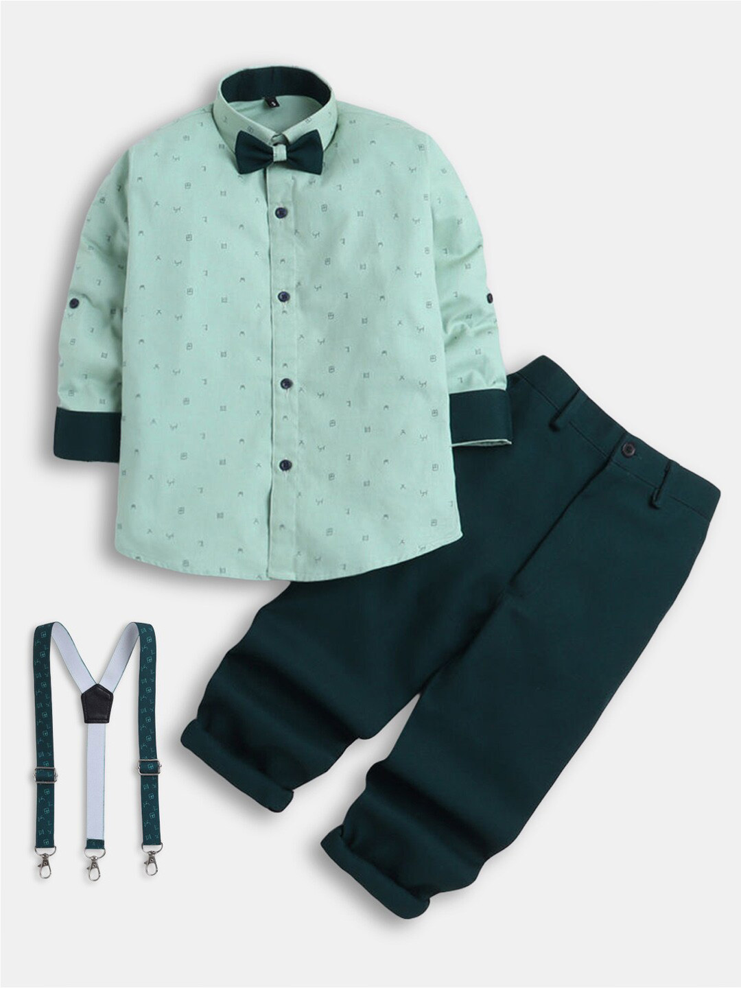 

Hopscotch Boys Green Printed Shirt with Trousers & Suspenders