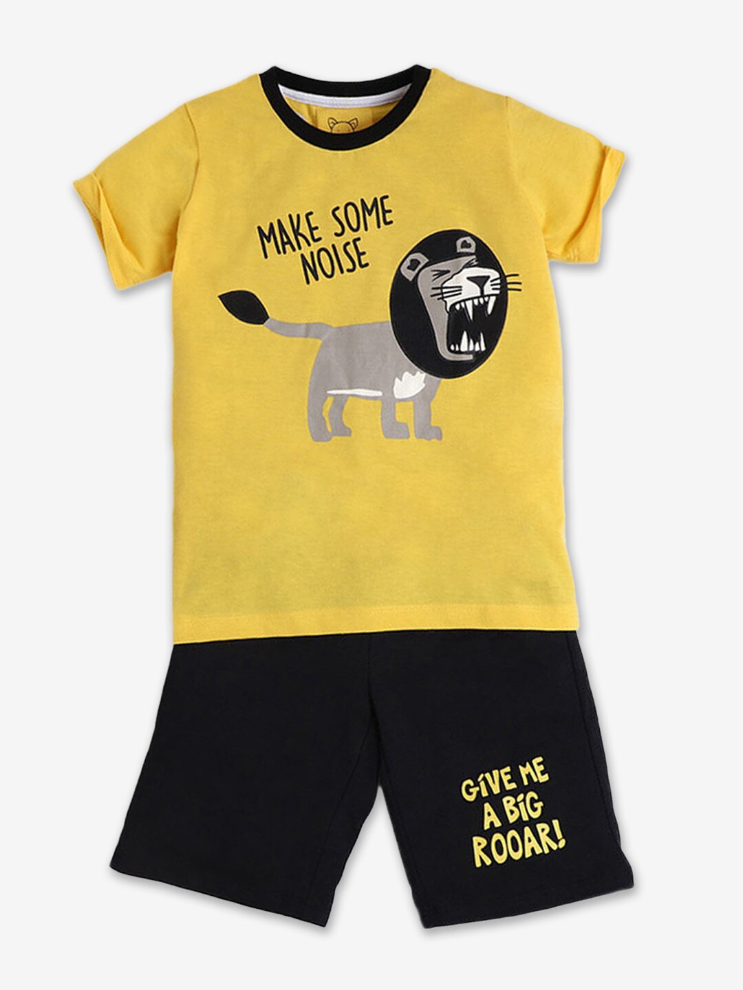

Hopscotch Boys Yellow & Black Printed Pure Cotton T-shirt with Shorts