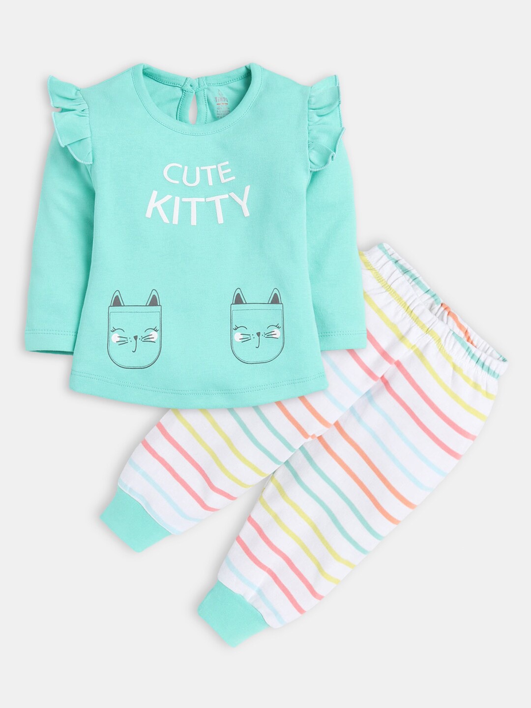 

Hopscotch Girls Green & White Printed Pure Cotton Top with Pyjamas