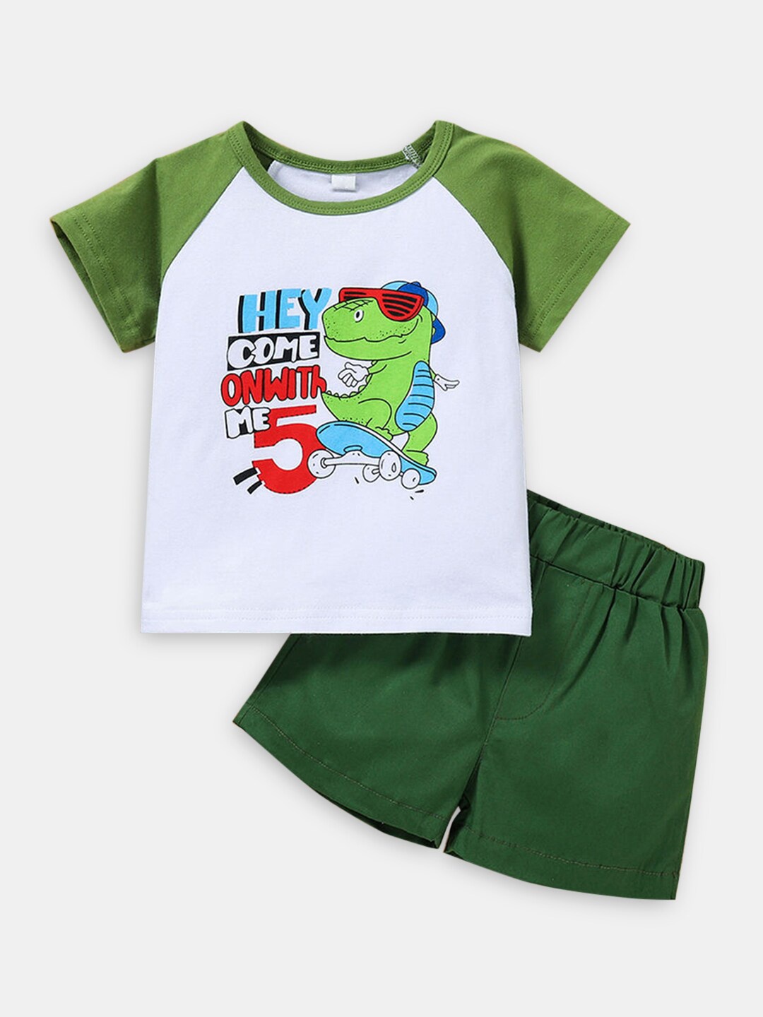 

Hopscotch Boys Green & White Printed Pure Cotton Top with Shorts