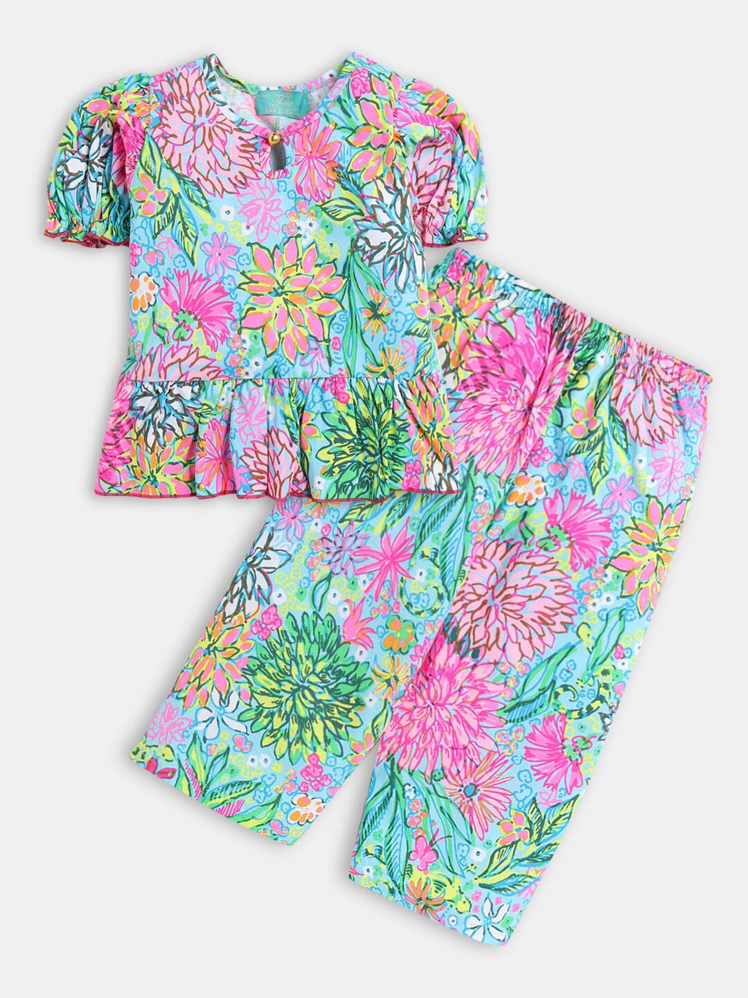 

Hopscotch Girls Pink & Green Printed Pure Cotton Tunic with Trousers