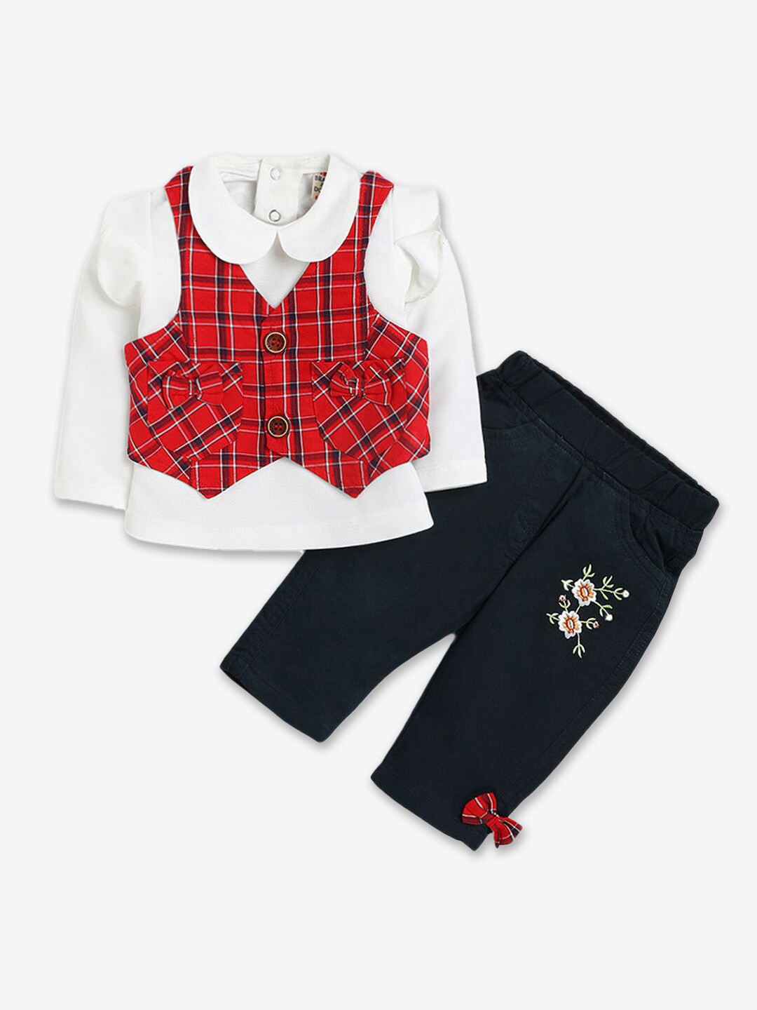 

Hopscotch Girls White & Maroon Checked Cotton Shirt with Trousers