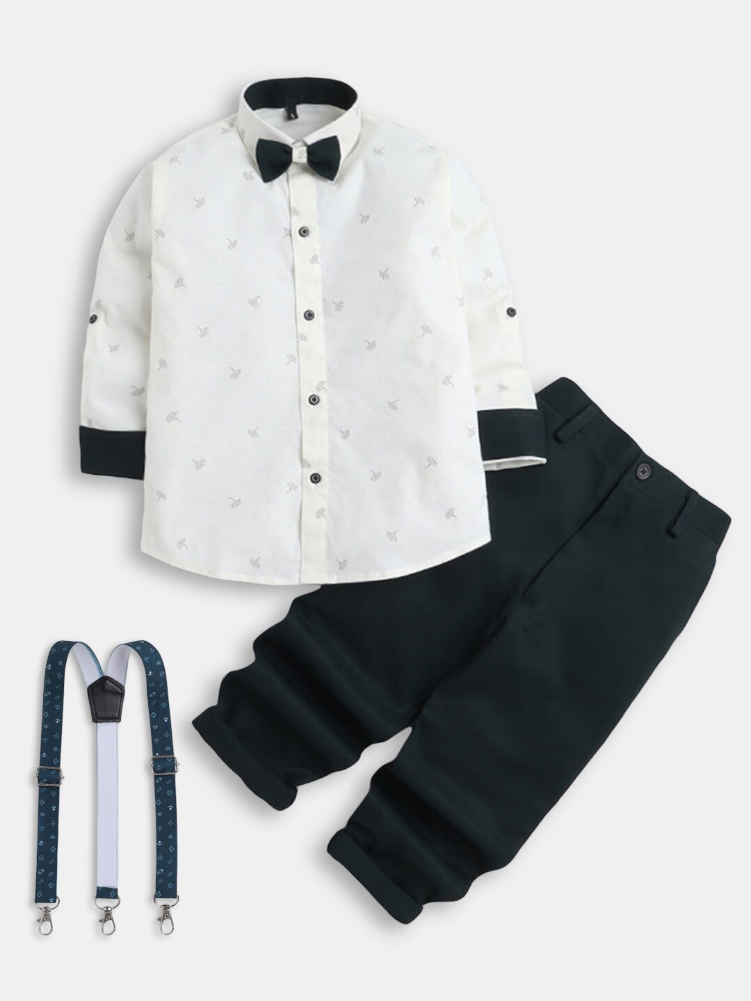 

Hopscotch Boys Cream-Coloured & Black Printed Shirt & Trousers With Suspender