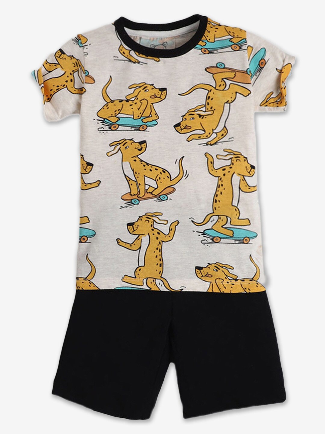 

Hopscotch Boys Yellow & Black Printed Cotton T-shirt with Shorts