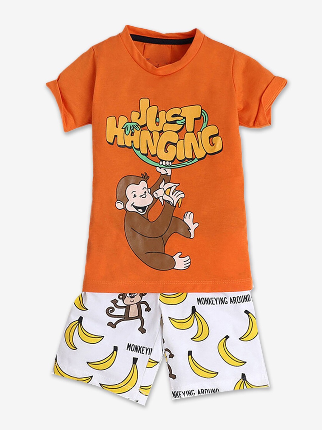 

Hopscotch Boys Orange & White Printed Pure Cotton T-shirt with Shorts