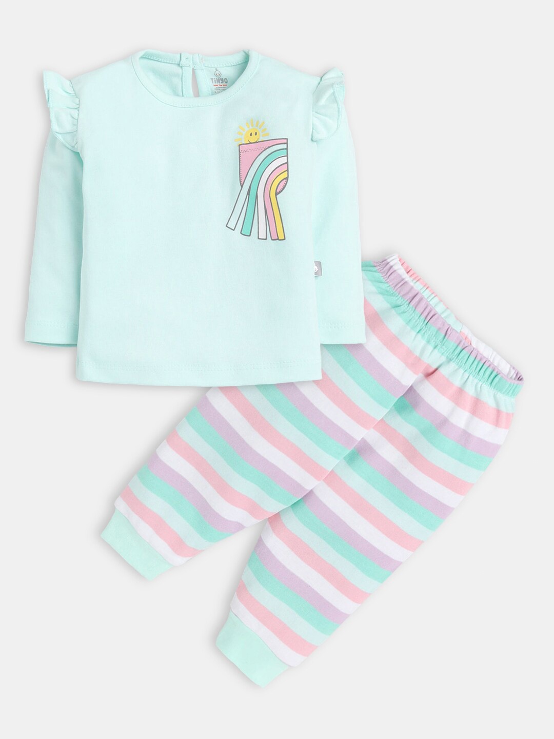 

Hopscotch Girls Green & Blue Printed Pure Cotton T-shirt with Pyjamas
