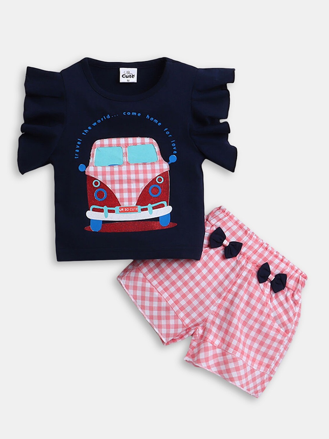 

Hopscotch Girls Pink & Navy Blue Printed Pure Cotton T-shirt with Shorts