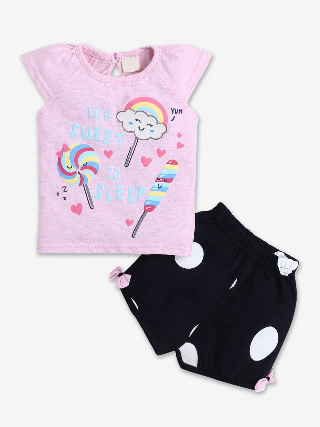 

Hopscotch Girls Pink & Black Printed Pure Cotton Top with Shorts
