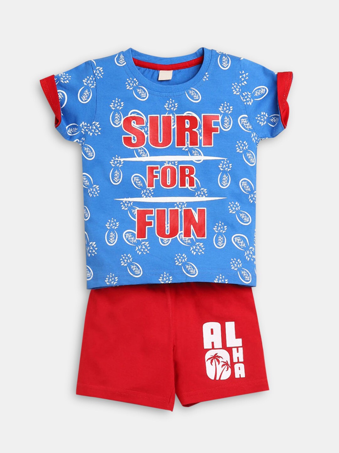 

Hopscotch Boys Blue & Red Pure Cotton Printed T-shirt with Shorts