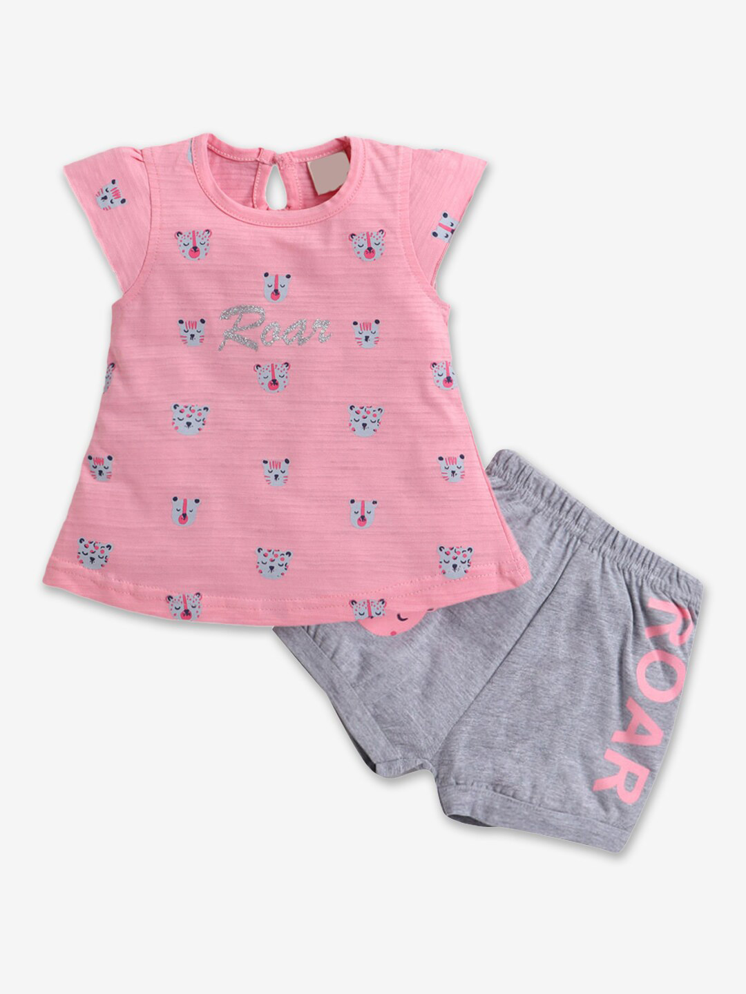 

Hopscotch Girls Pink & Grey Pure Cotton Printed T-shirt with Shorts