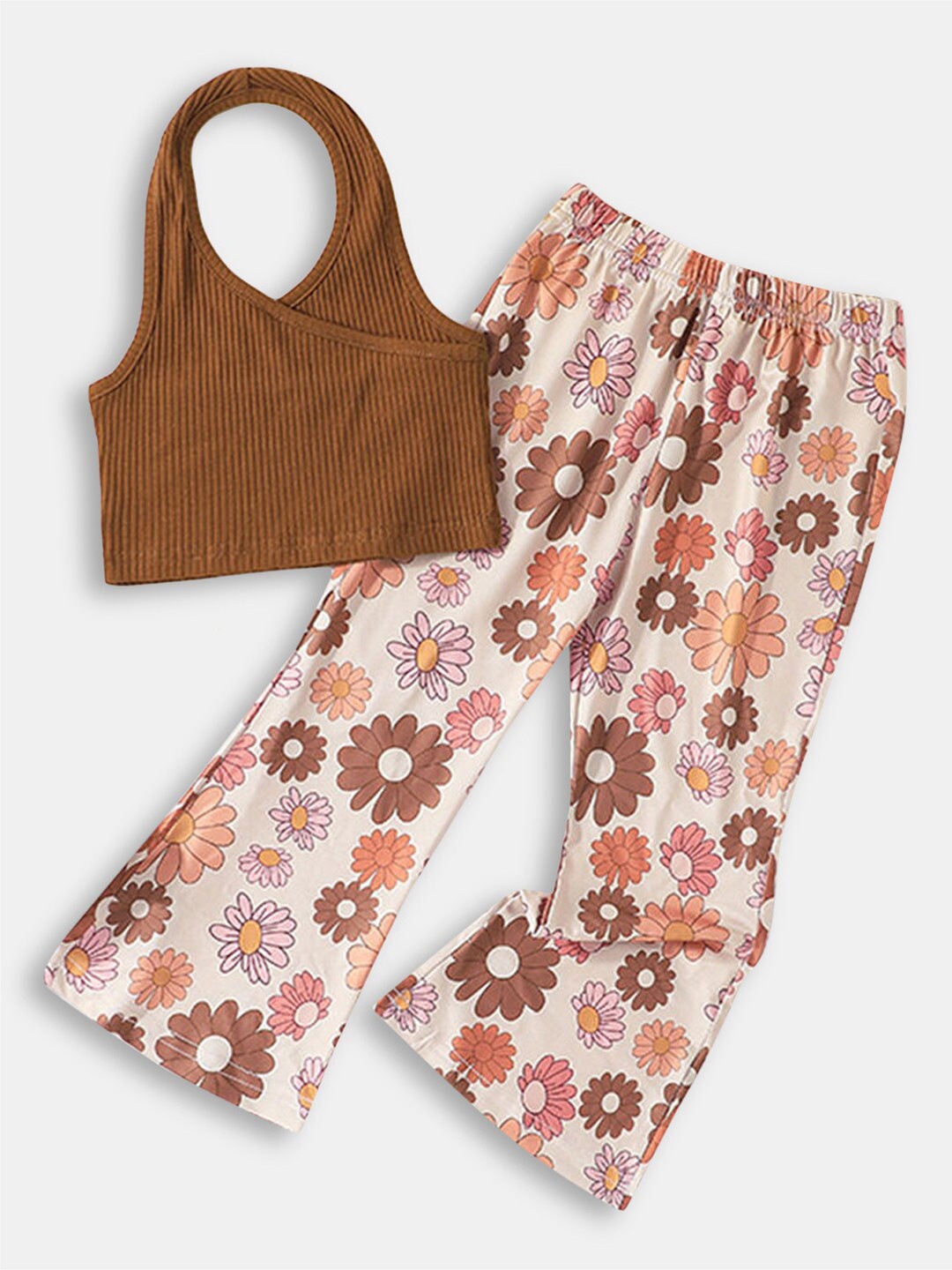 

Hopscotch Girls Brown & Cream-Coloured Printed Top with Trousers