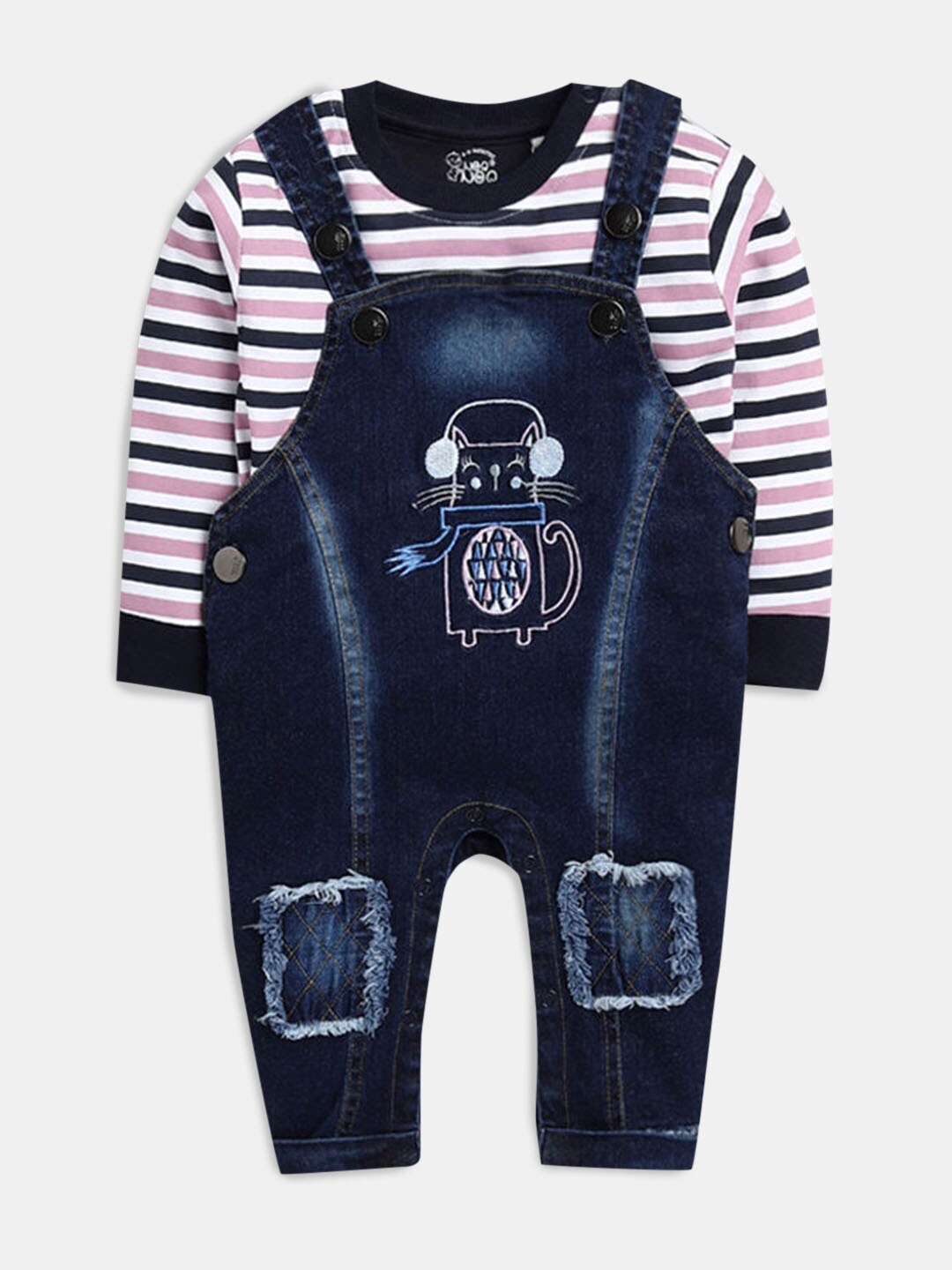 

Hopscotch Boys Navy Blue & Purple Pure Cotton Striped Top with Pyjamas