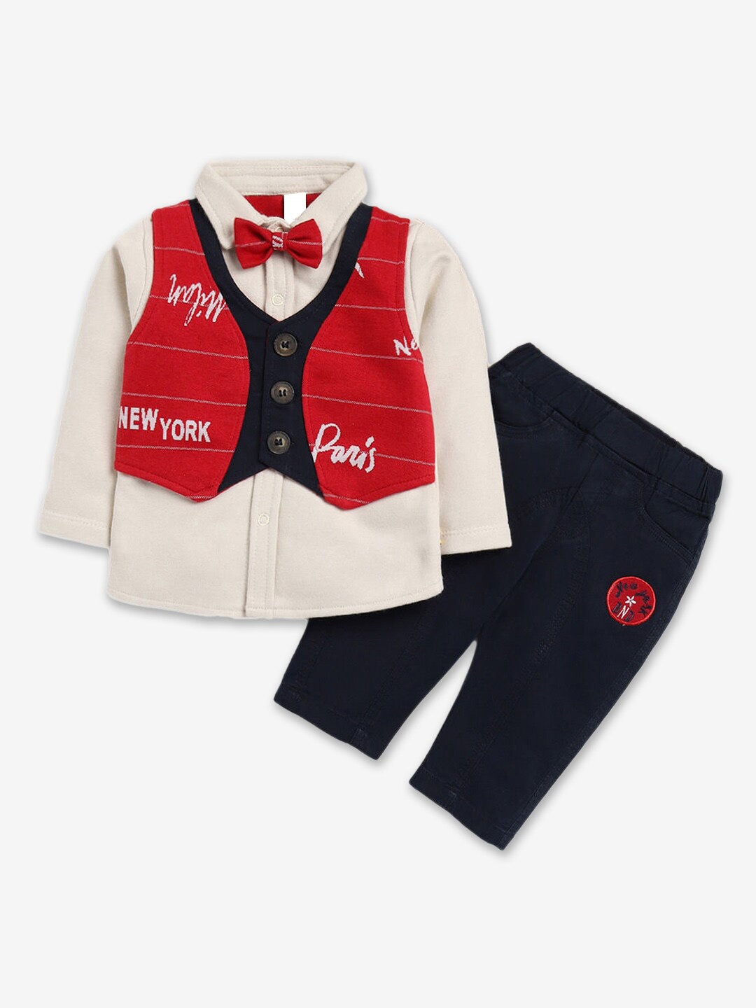 

Hopscotch Boys Navy Blue & Cream Pure Cotton Printed Shirt with Trousers