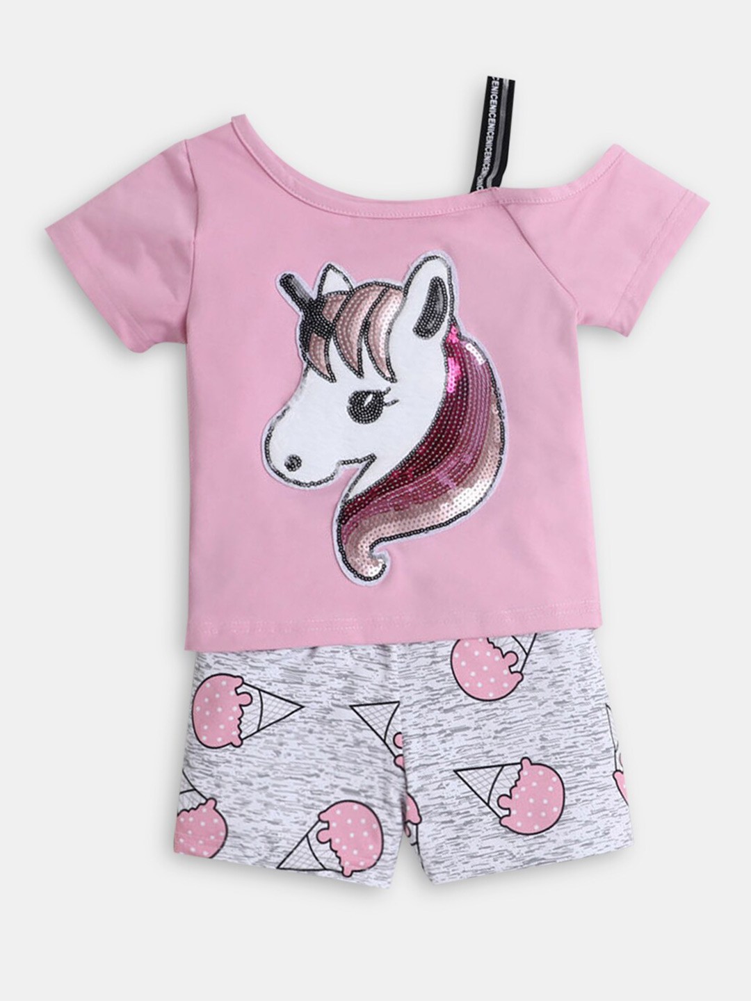 

Hopscotch Girls Pink & Grey Pure Cotton Printed T-shirt with Shorts