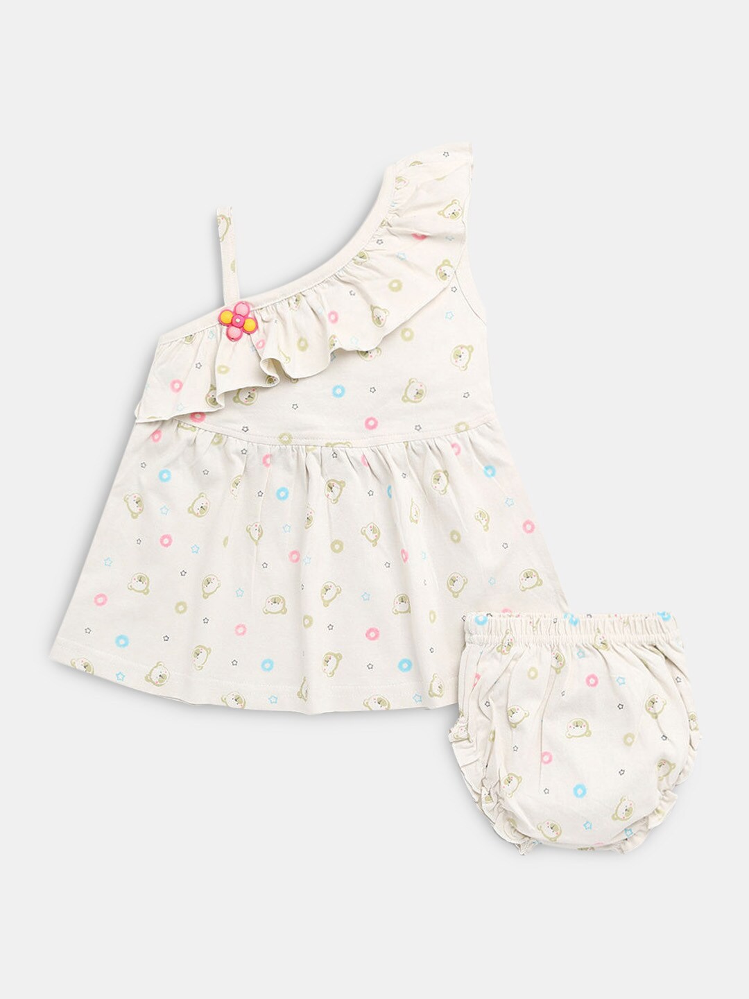 

Hopscotch Girls Off White Printed Cotton Dress with Bloomer