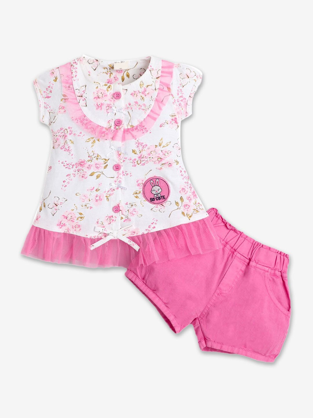 

Hopscotch Girls Pink & White Pure Cotton Printed Shirt with Shorts