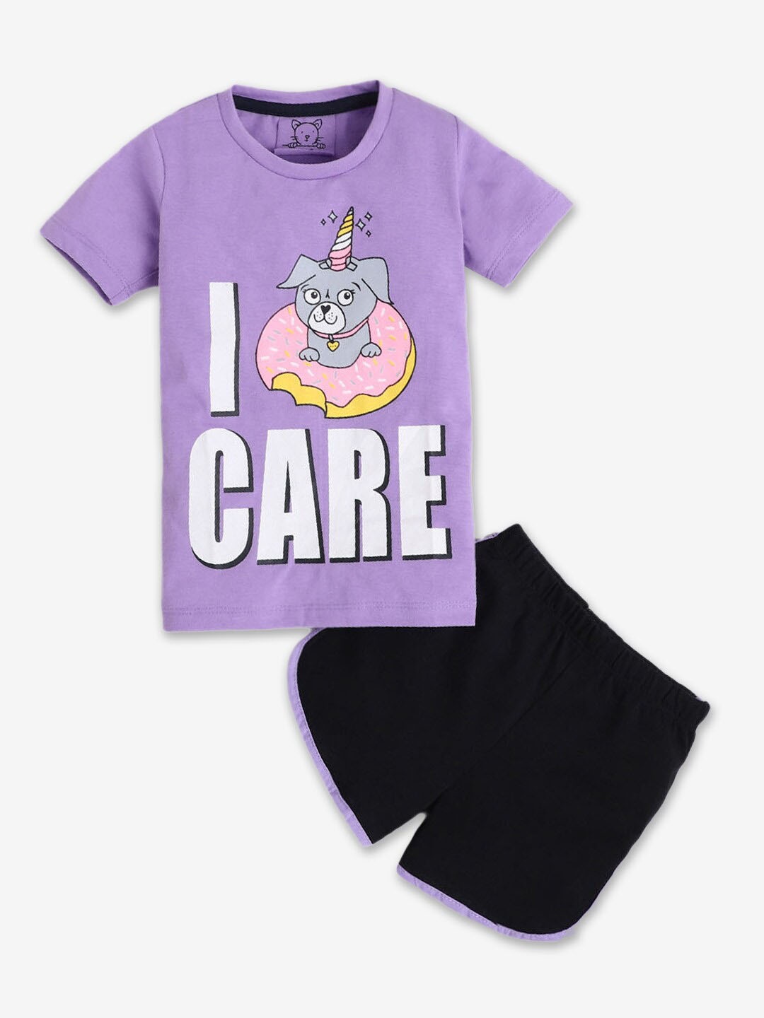 

Hopscotch Girls Purple & Black Typography Printed Top with Shorts