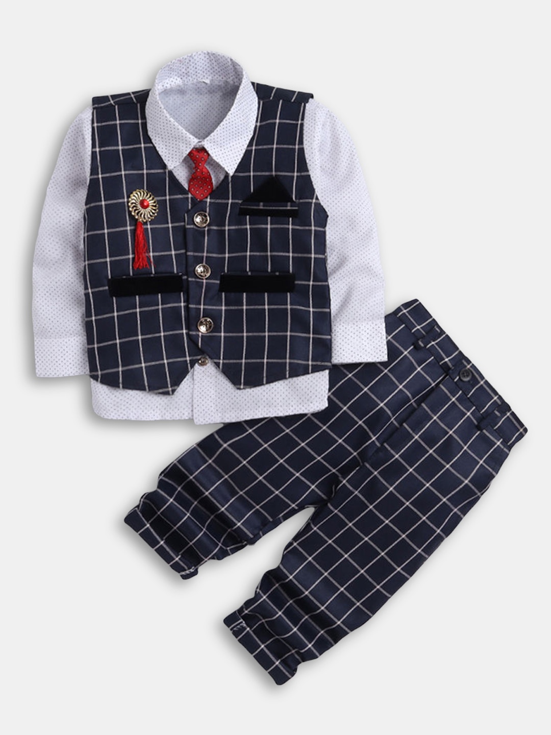 

Hopscotch Boys Navy Blue & White Checked Shirt with Trouser With Waist Coat