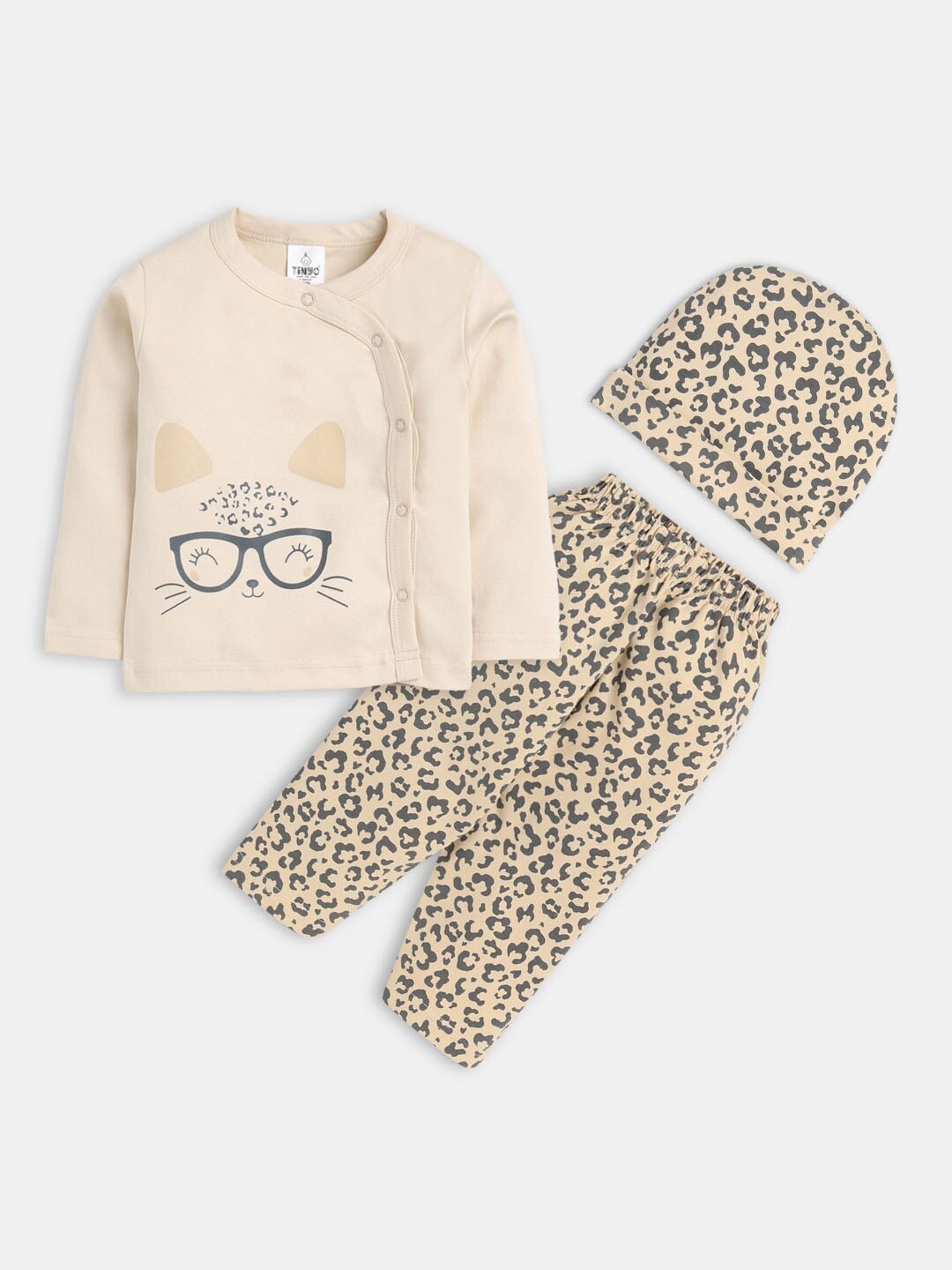

Hopscotch Girls Beige & Grey Printed Pure Cotton T-shirt with Trouser With Cap