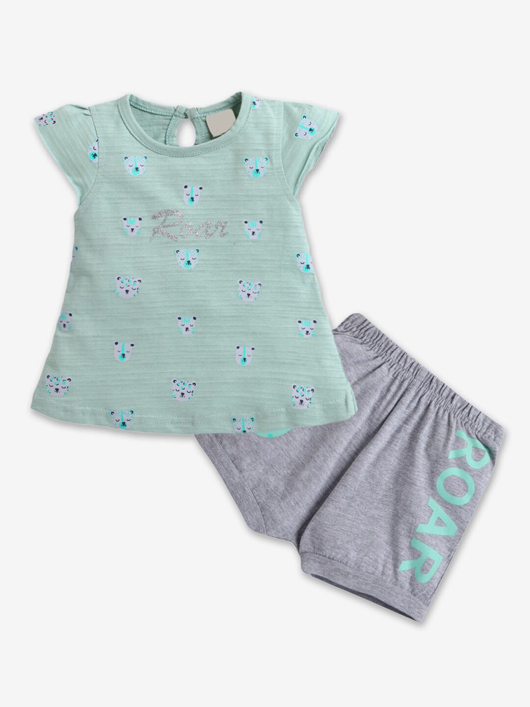 

Hopscotch Girls Green & Grey Pure CottonPrinted Top with Shorts