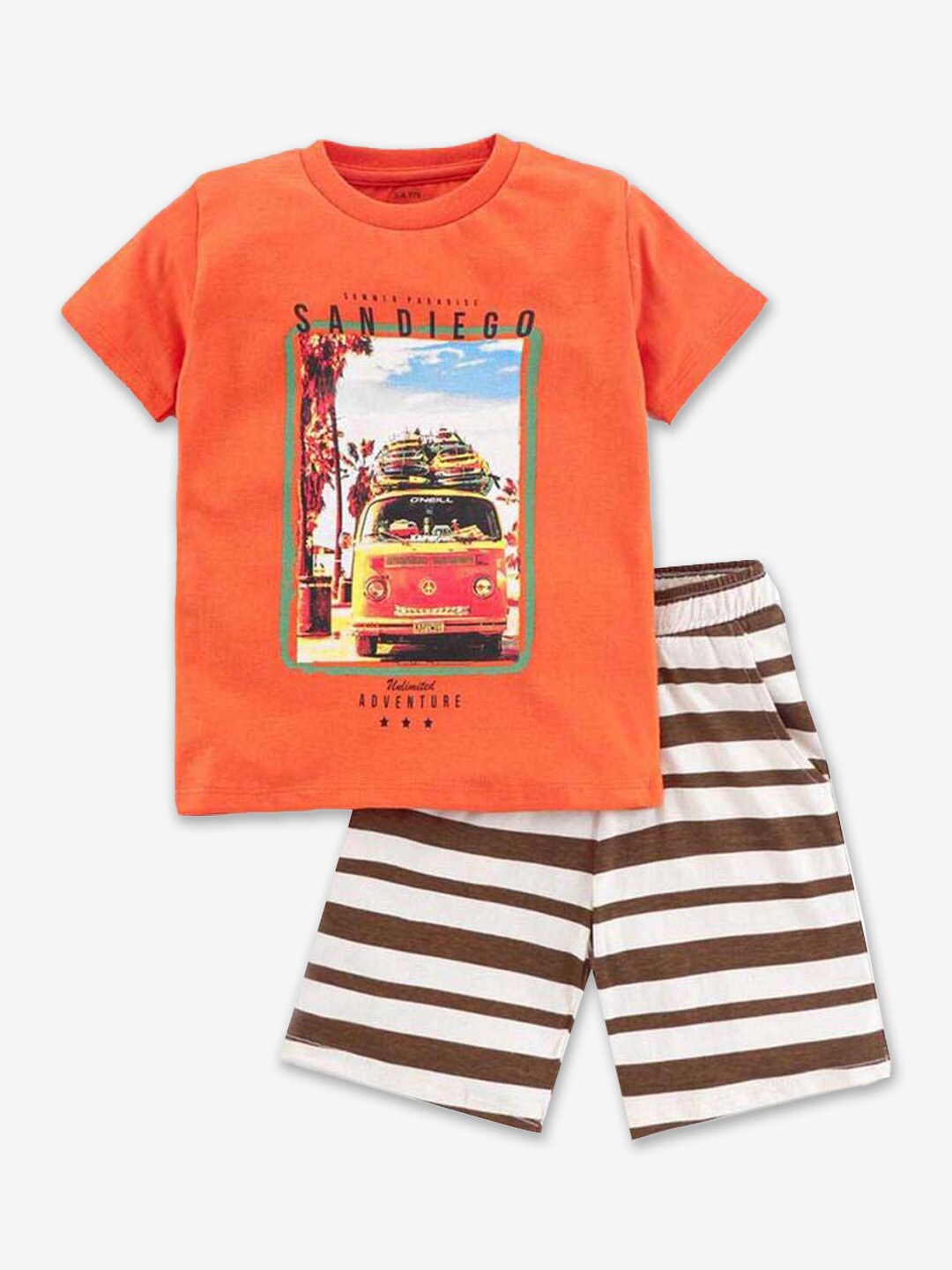 

Hopscotch Boys Orange & Brown Pure Cotton Printed T-shirt with Shorts