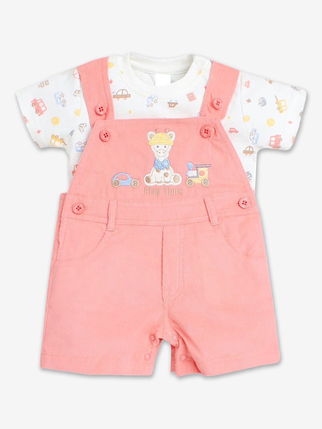 

Hopscotch Girls Pink & White Pure Cotton Printed T-shirt with Dungaree