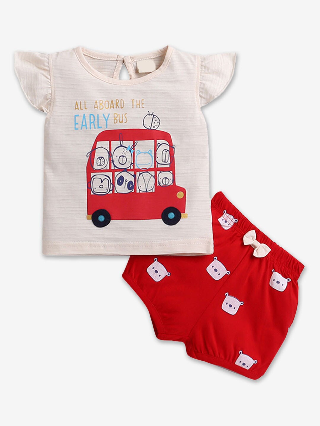 

Hopscotch Girls Red & Cream-Coloured Printed Pure Cotton T-shirt with Shorts