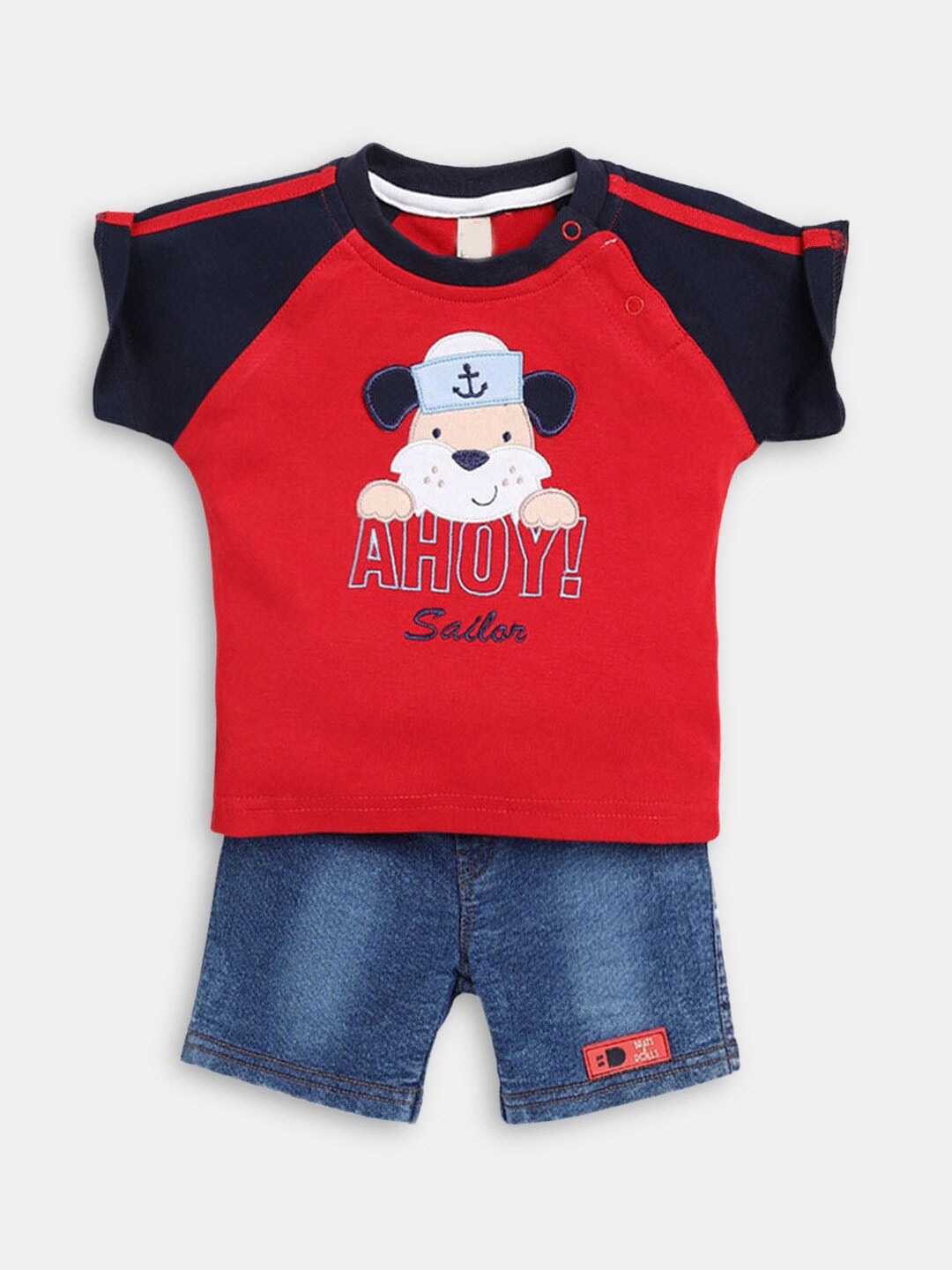 

Hopscotch Boys Red & Blue Printed Pure Cotton T-shirt with Shorts