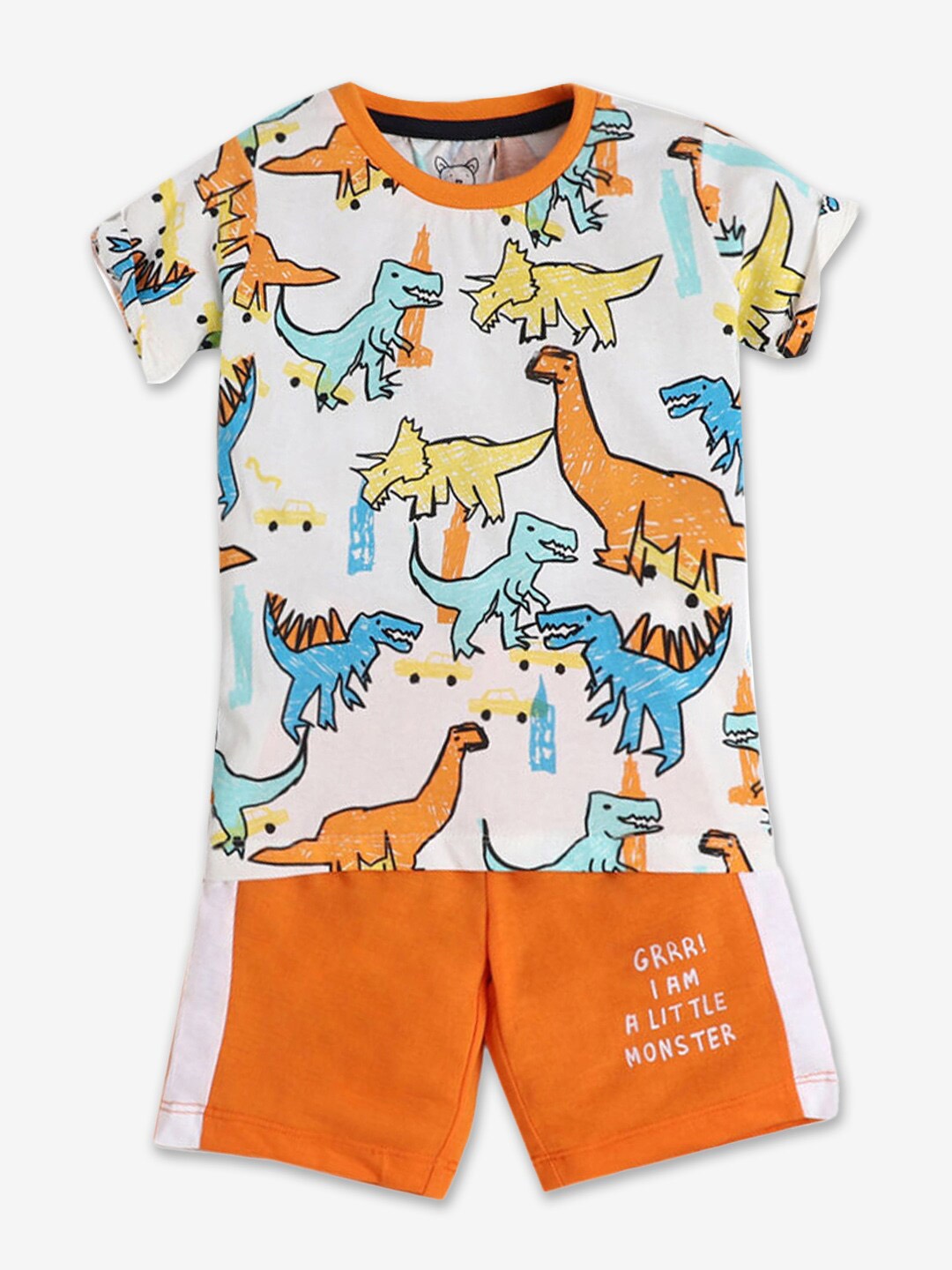 

Hopscotch Boys Off White & Orange Printed Pure Cotton T-shirt with Shorts