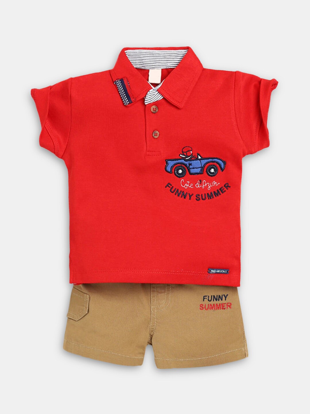 

Hopscotch Kids Red & Khaki Printed Pure Cotton T-shirt with Shorts