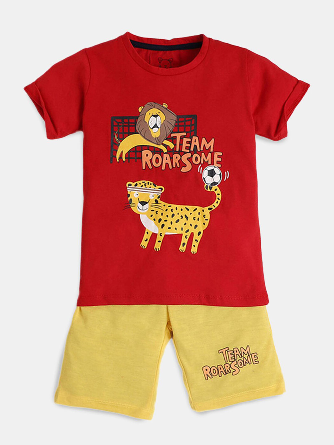 

Hopscotch Boys Red & Yellow Printed Pure Cotton T-shirt with Shorts