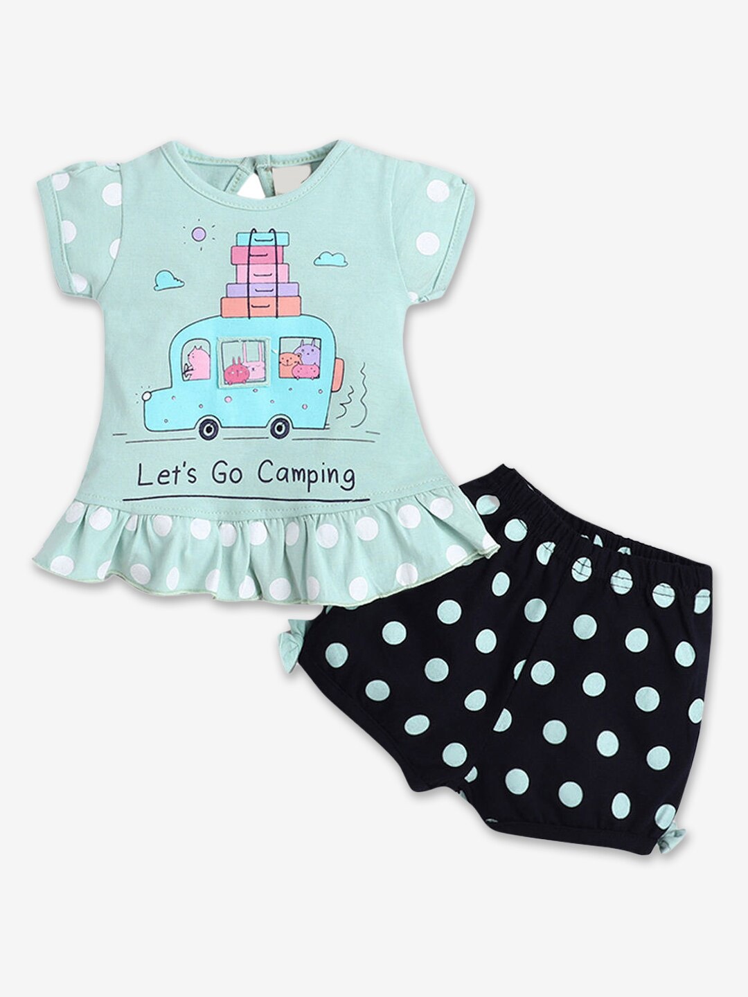

Hopscotch Girls Green & Black Printed Pure Cotton T-shirt with Shorts