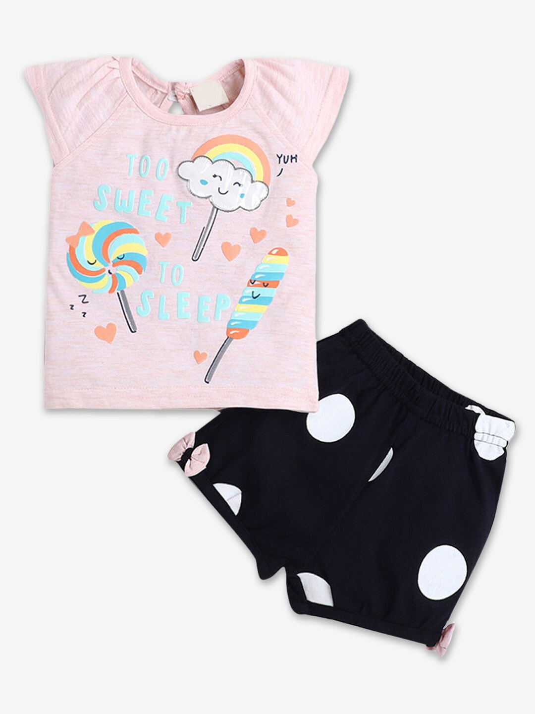 

Hopscotch Girls Pink & Black Printed Pure Cotton T-shirt with Shorts