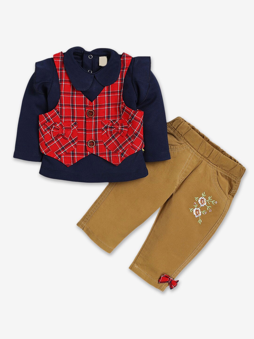 

Hopscotch Girls Navy Blue & Red Pure Cotton T-shirt with Trousers & Waistcoat