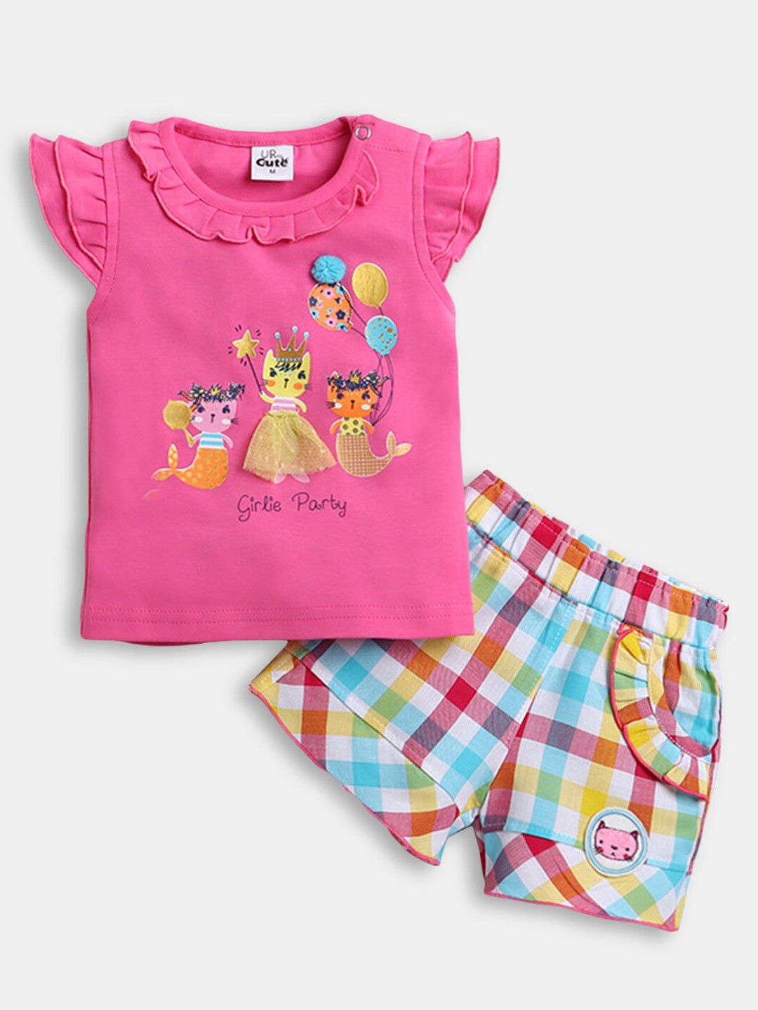 

Hopscotch Girls Pink & Blue Printed Pure Cotton T-shirt with Shorts