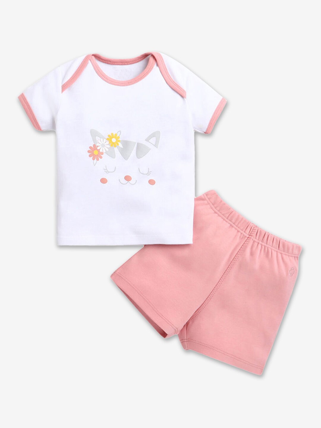 

Hopscotch Girls Peach-Coloured & White Printed Pure Cotton T-shirt with Shorts