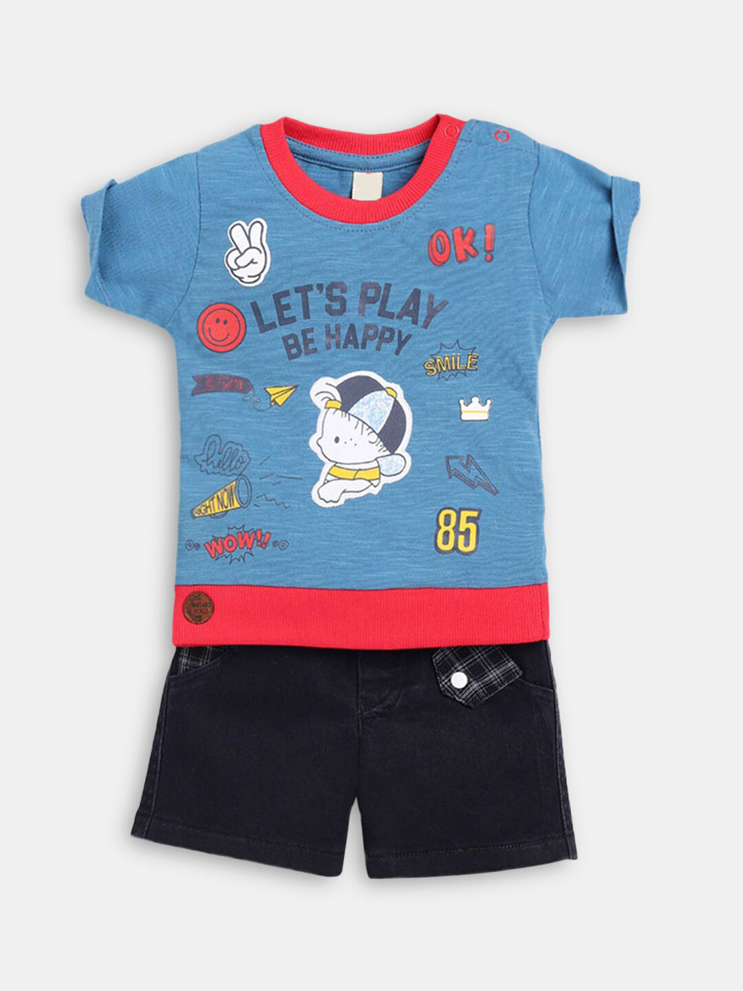 

Hopscotch Kids Blue & Black Printed Pure Cotton T-shirt with Shorts