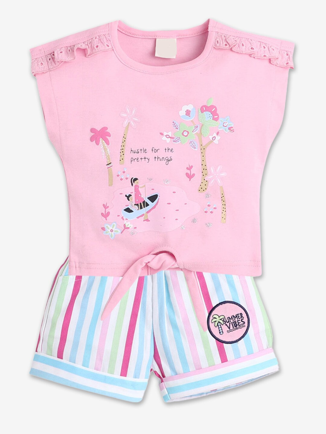

Hopscotch Girls Pink & Blue Printed Pure Cotton T-shirt with Shorts