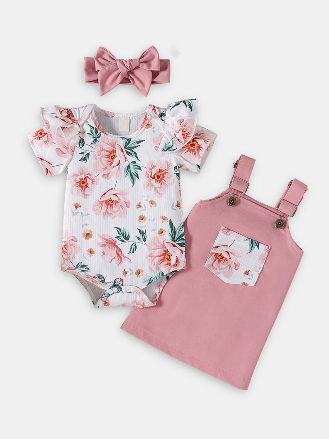 

Hopscotch Girls Pink & White Printed Onesie & Pinafore Set