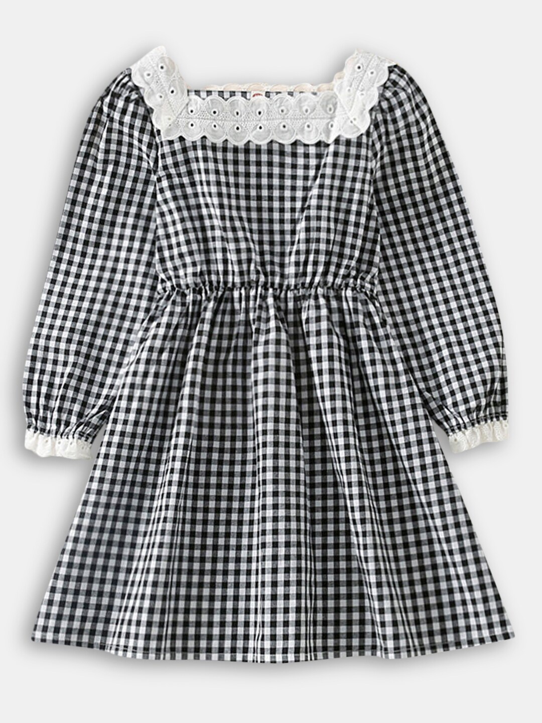 

Hopscotch Black & White Checked Puff Sleeves A-Line Dress